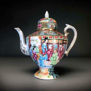 Large Antique Chinese Porcelain Famille Rose Figural Teapot 19th Century Canton