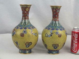 Fine Pair Early 19th C Chinese Cloisonne Gilt Metal Yellow Emblems Vases