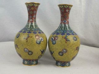 FINE PAIR EARLY 19TH C CHINESE CLOISONNE GILT METAL YELLOW EMBLEMS VASES 3
