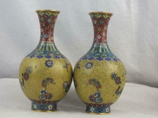 FINE PAIR EARLY 19TH C CHINESE CLOISONNE GILT METAL YELLOW EMBLEMS VASES 6