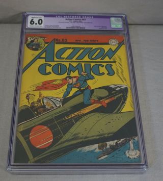 AUGUST 1943 SUPERMAN ACTION COMICS NO.  63 DC COMIC BOOK CGC GRADED 6.  0 10