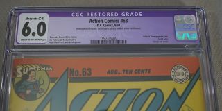AUGUST 1943 SUPERMAN ACTION COMICS NO.  63 DC COMIC BOOK CGC GRADED 6.  0 2