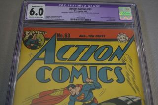 AUGUST 1943 SUPERMAN ACTION COMICS NO.  63 DC COMIC BOOK CGC GRADED 6.  0 3