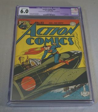 AUGUST 1943 SUPERMAN ACTION COMICS NO.  63 DC COMIC BOOK CGC GRADED 6.  0 9