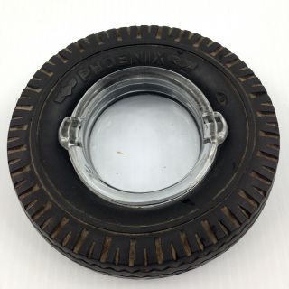 Vintage Phoenix Black Rubber Tire Advertisement Ashtray Clear Glass