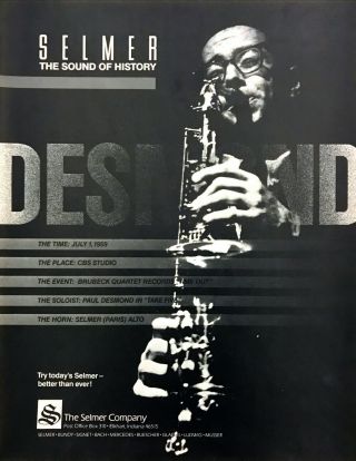 1984 Paul Desmond Playing Selmer Paris Alto Saxophone Photo Vintage Print Ad