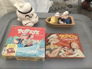 Vintage Popeye Card Game,  Crayon Set,  Salt & Pepper Shakers And Popeye Mug