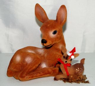 Vtg Velvet Flocked 2 Deer Fawn Baby Brown W Spots Christmas Decor
