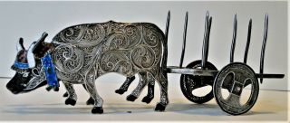 Antique Unusual Chinese Export Silver & Enamel Sculpture Bulls Pull A Cart 1900