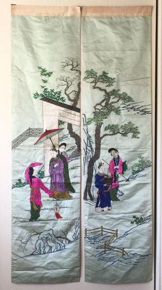 Vintage / Antique Chinese Silk Embroidery Panel Figures 55”x14”,  Rare