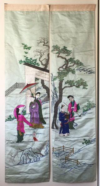 Vintage / Antique Chinese Silk Embroidery Panel Figures 55”x14”,  Rare 2