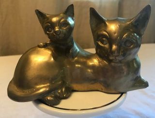 Vintage Brass Cats.  Mid Century Modern Big Eyes Smooth 5.  3/4” Long.  Siamese Cats