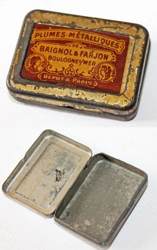 Antique Plumes Metaliques Baignol & Farjon Pen Nibs Empty Tin Box 1920 