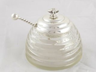 Vintage Solid Sterling Silver And Glass Beehive Honey Pot Barker Brothers 1949