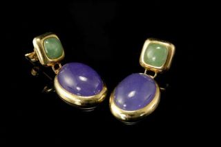 Vintage Chinese Lavender Green Jadeite Jade 14k Gold Dangle Earrings A14827