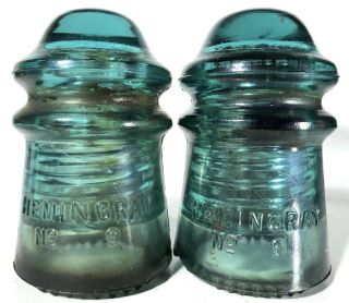 2 Vintage Hemingray No.  9 Aqua Electrical Glass Insulators