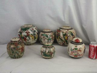 Six Antique Chinese Porcelain Famille Verte Warriors Objects Birds Jars