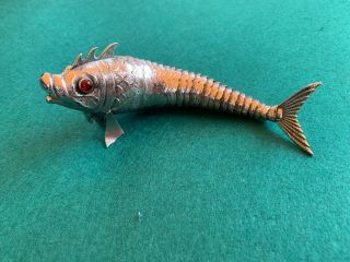 Collectible Sterling Silver 925 Articulated Fish Red Glass Eyes.  82 Gr