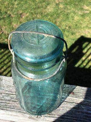 1923 - 1933 Vintage Blue/green Glass Mason Ball Ideal Qt Jar Lid Bail Wire Clasp