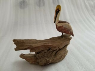 Vintage Hand Carved & Painted Wood Pelican Bird On Log Figurine