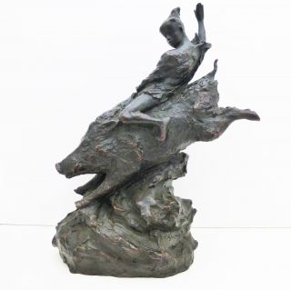 Japanese Handcrafted Bronze Sculpture Girl Who Manipulates A Wild Boar Pig