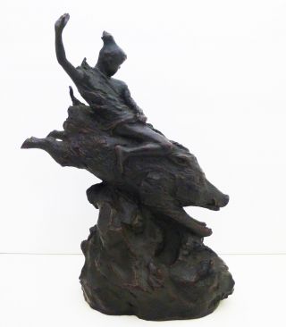 Japanese Handcrafted bronze sculpture Girl who manipulates a Wild boar pig 2