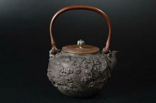 T9344: Japanese Xf Iron Tea Kettle Kibundo Made Silver Inlay Handle W/copper Lid