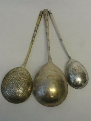 3 Large Antique Russian 84 Silver Spoons.  Weight Of All Is 160 Grams