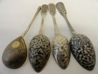 4 Antique Russian 84 Silver Niello Enamel Spoons,  One By Vasili Agafanov