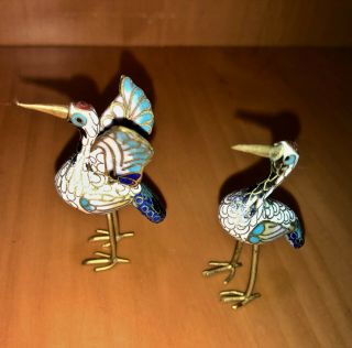 Vintage Miniature Brass & Enamel Cloisonne Storks Birds 2 1/8 " (2 Pc)