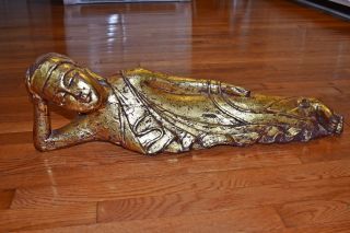 Fine Chinese Thai Burmese Carved Wood Reclining Buddha Statue Gold Gilt 28 " Huge