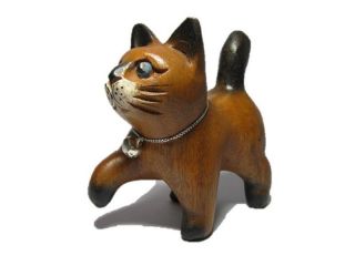 Hand Carved Wooden Cat Statue Figurine Crafted Wood Leg Walking Home Decor Gift