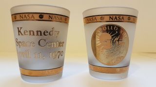 Kennedy Space Center April 11,  1970 - Nasa / Frosted Shot Glasses X2 / Ex Cond