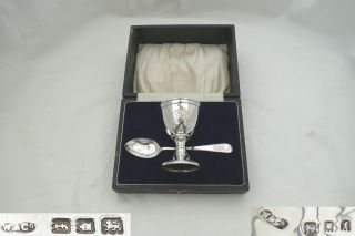 Rare Cased George V Hm Sterling Silver Christening Egg Cup And Spoon 1921