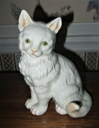 Vintage 7 " Tall White Cat Kitten Porcelain Figurine By Golden Crown E R German;