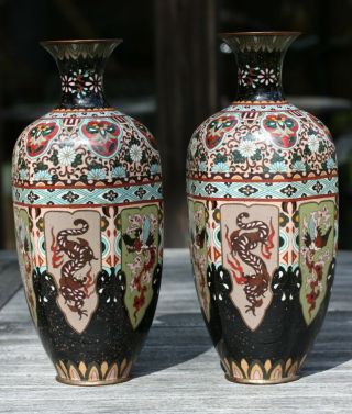 Fine Antique Japanese Cloisonne Vases Decorated With Dragons & Phoenixes