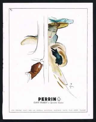 Perrin Gloves Ad Rene Gruau Advert 1940s Vintage Print Ad Retro