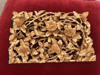 Antique Chinese Gold Gilt Over Red Lacquer Wood Carved Panel Flowers And Birds