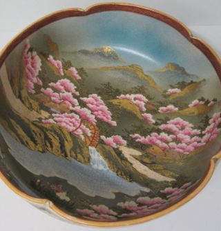 Antique Japanese Satsuma Pottery 9.  5 " Bowl Koshida Cherry Blossoms 20th C
