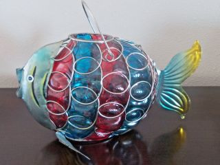 Vintage Hand Blown Glass & Wire Decorative Hanging Fish Candle/flower Holder