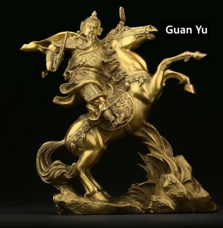 13 " Chinese Brass Wealth Dragon Guan Gong Yu Warrior God Ride Horse Sword Statue
