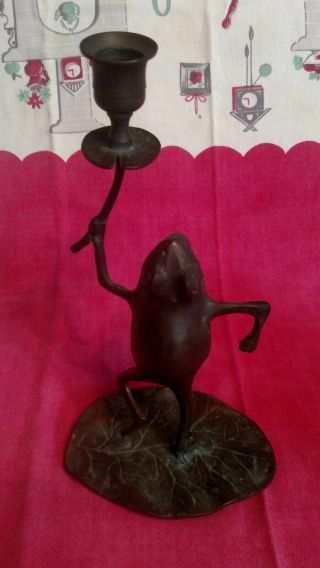 standing frog brass candle holder,  statue,  figurine,  10 in,  Whimsical,  vintage 3