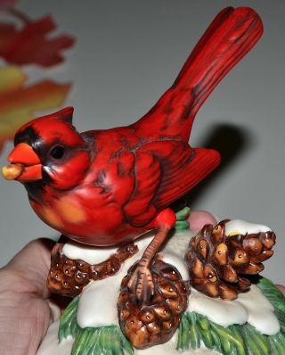 Red Cardinal Bird,  Berry In Beak,  Snow & Spruce Pine Cone,  Figurine