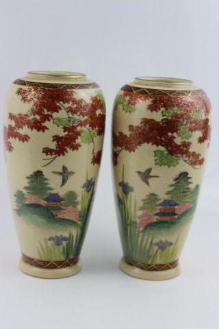 Antique Japanese Taisho Period Pair Satsuma Vases Hand Painted Signed 16cm High