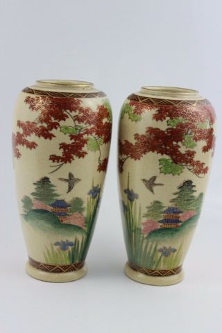 Antique Japanese Taisho Period Pair Satsuma Vases Hand Painted Signed 16cm High 2