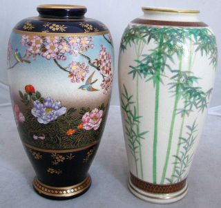 2 Signed Antique Meiji Japanese Satsuma Vases W/ Birds,  Flowers & Bamboo (6 " Ea)