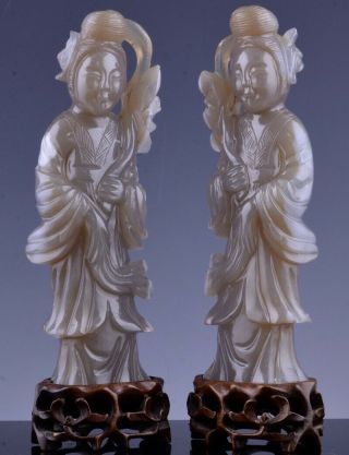 Pair Antique Chinese Chalcedony Agate Stone Attendants W Lotus Figures