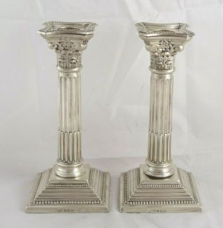 Smart Pair English Solid Sterling Silver Corinthian Column Candlesticks 1964