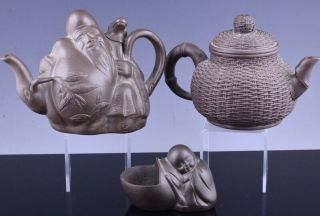 3 Chinese Yixing Ware Zisha Clay Wine Pot Teapots Boy Figural Water Pot Marked