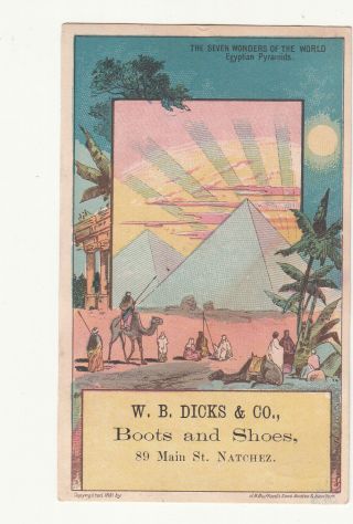 W B Dicks & Co Boots & Shoes Natchez Ms Egyptian Pyramids Vict Card C1880s